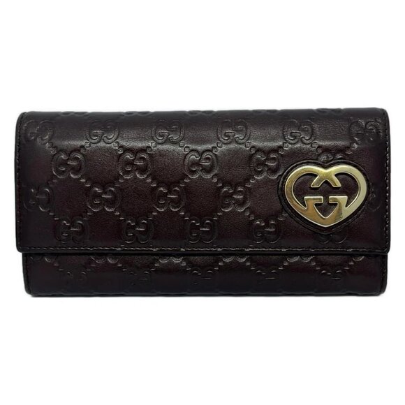 GUCCI Lovely Dark Brown Gold Leather - Long Wallet - Picture 1 of 5